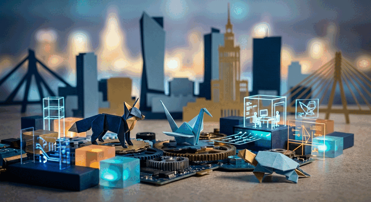 Origami-style startup illustration for Flowtly in Warsaw